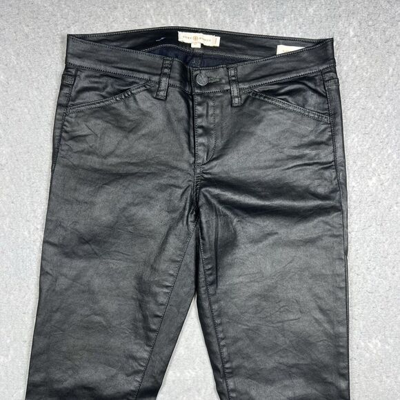 Tory Burch Pants Faux Leather Wax Coated SZ 27 Skinny High Waist Logo 5-Pockets - Picture 2 of 14